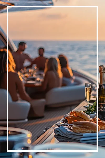 Un gruppo di ragazzi e ragazze in barca, al tramonto, che festeggiano un evento a bordo