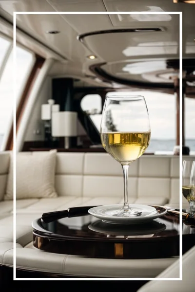 Un calice di bollicine in un lussoso interno di uno yacht